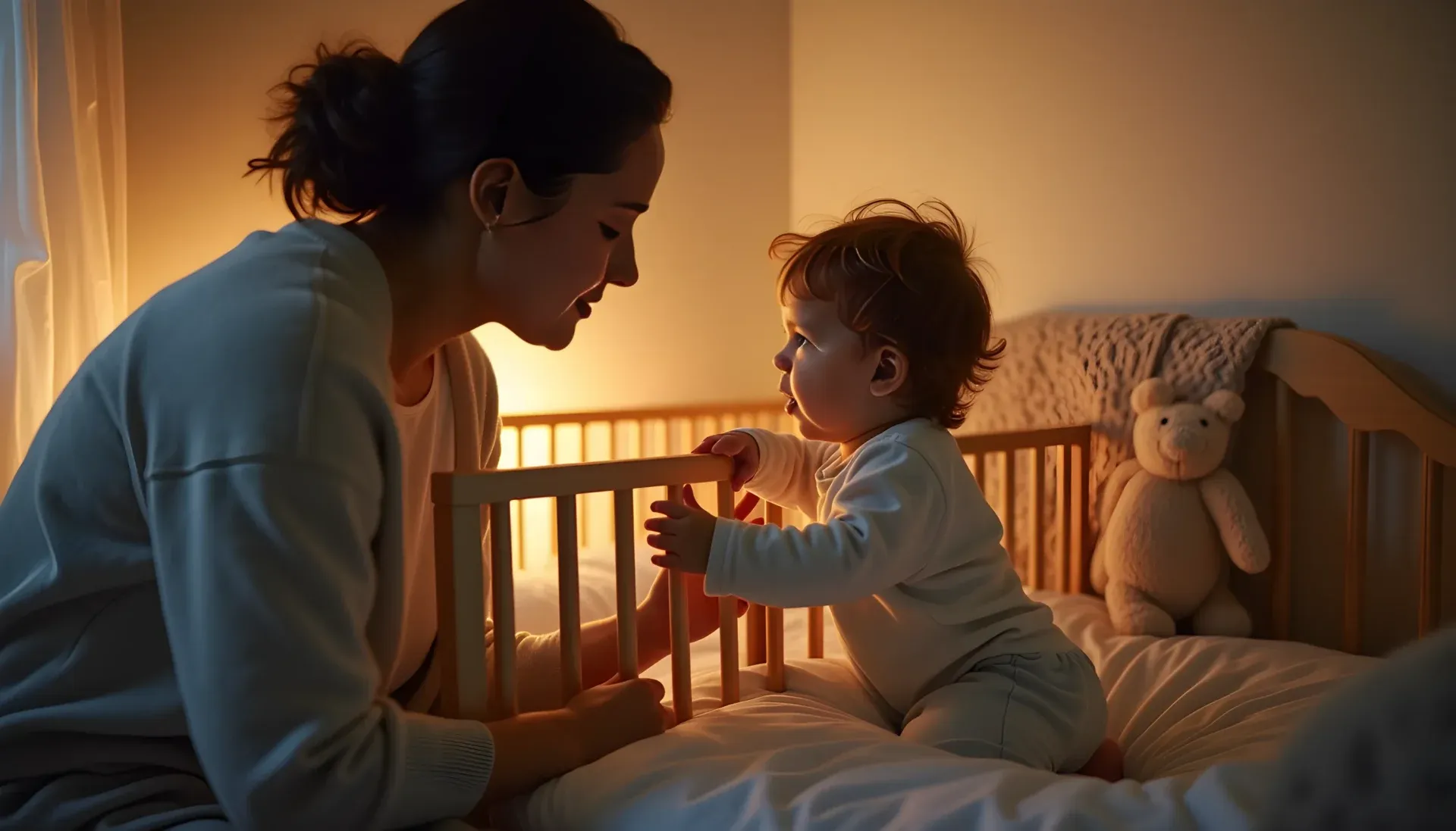 Parent comforting 18-month-old toddler during sleep regression at night