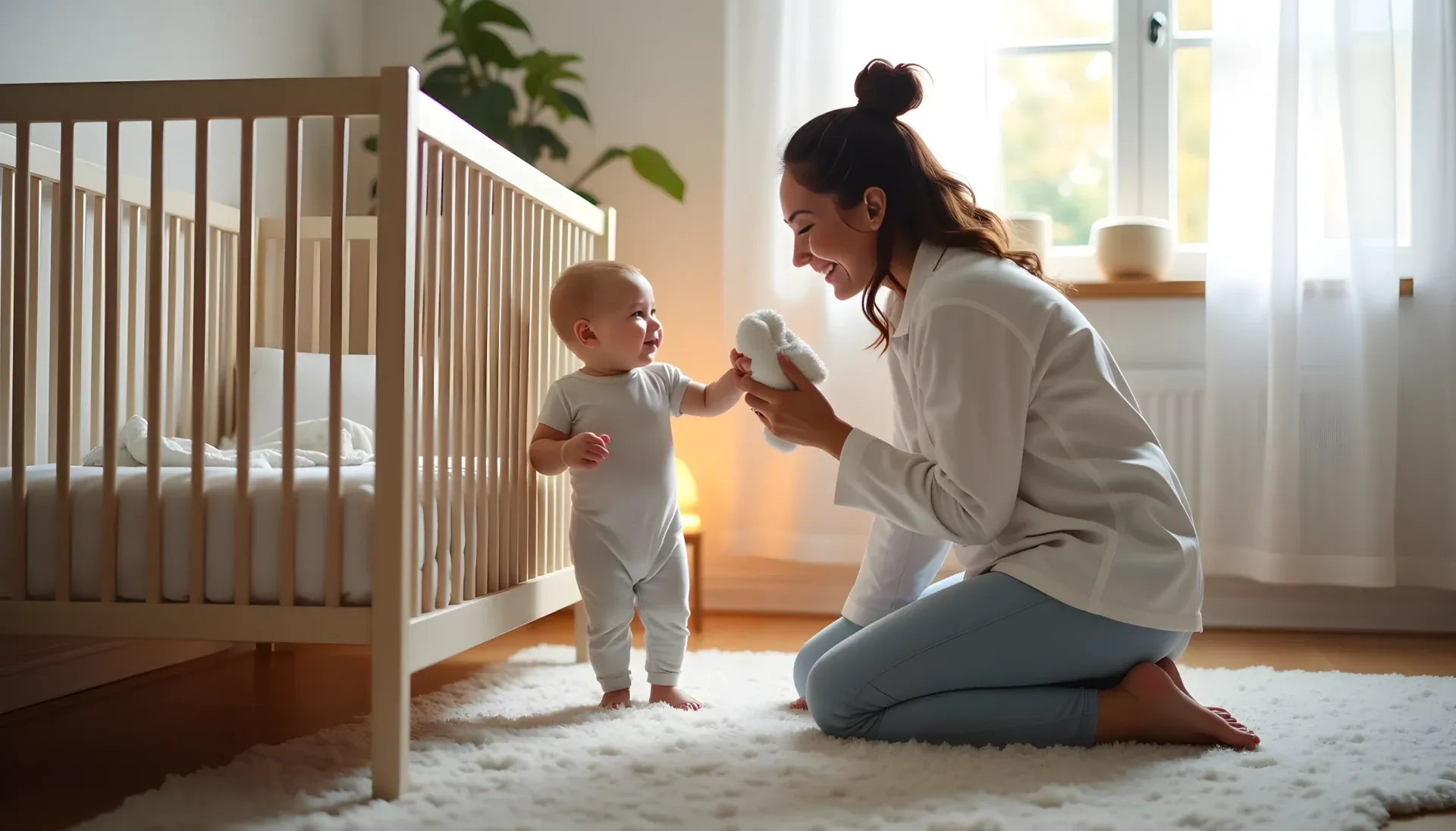 Caregiver saying goodbye to a 9-month-old baby in a bright, modern nursery as part of a gentle bedtime routine to ease separation anxiety.