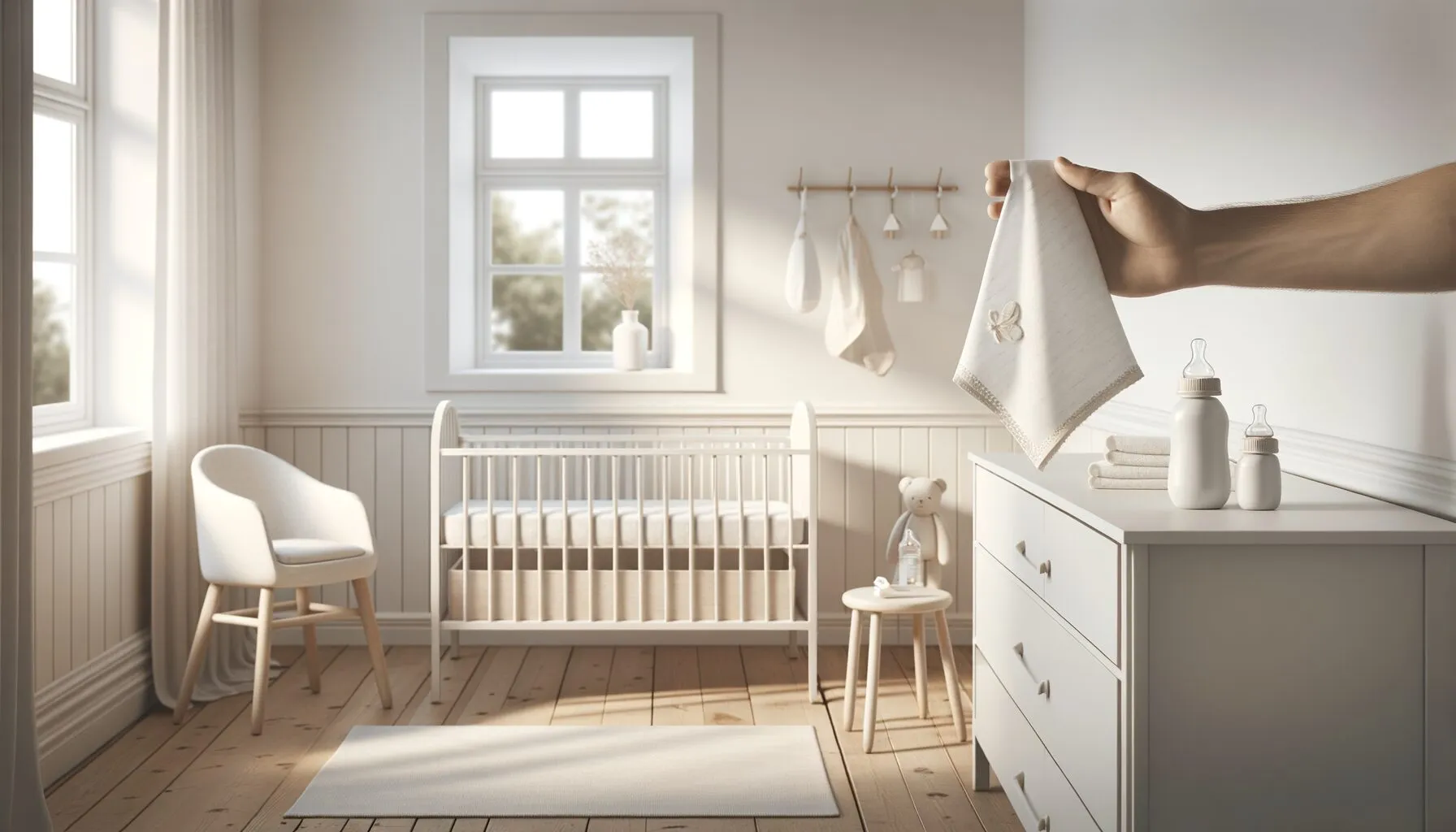 burp cloth with baby spit up stain on changing table in modern nursery