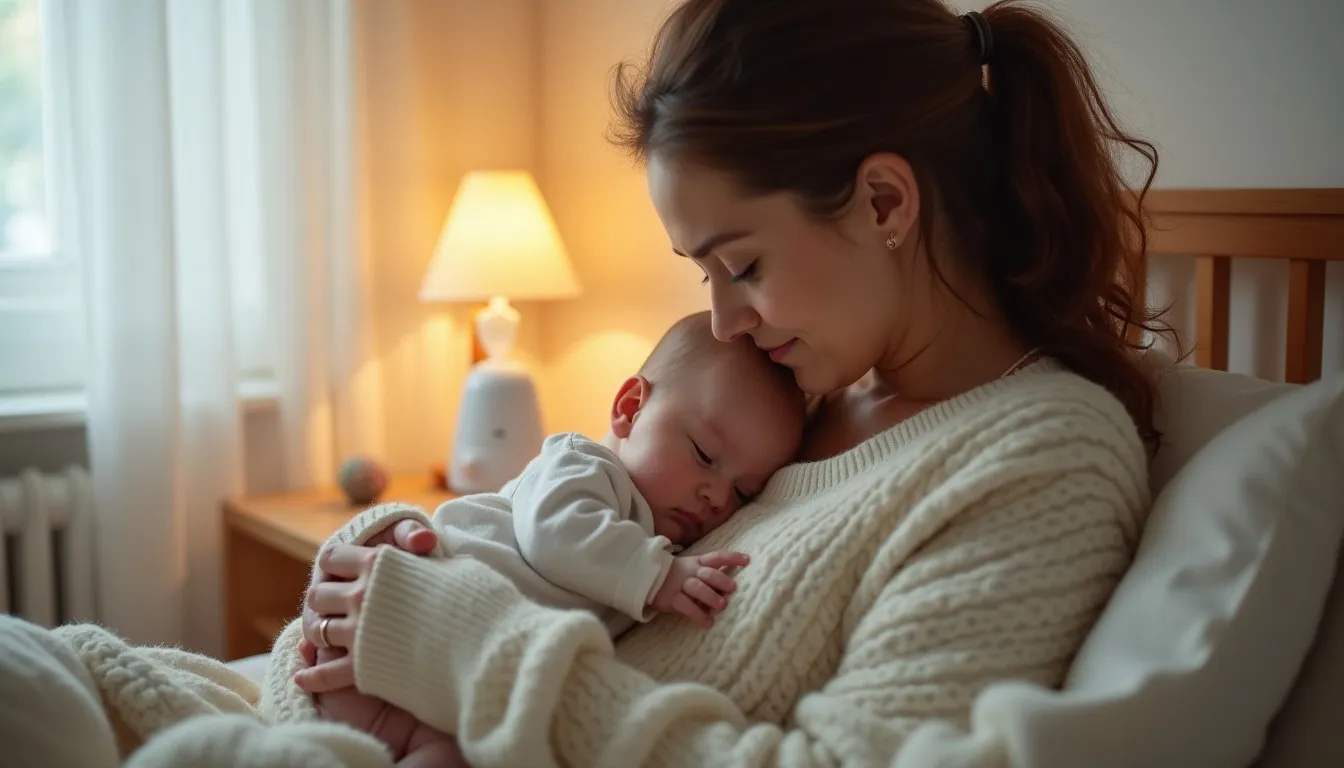 Mum soothes congested baby to sleep in cozy nursery