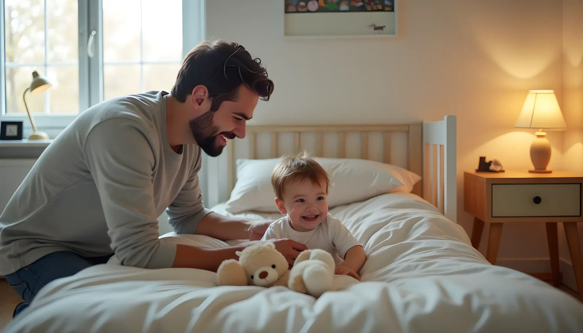 Parent helping toddler with first night in new toddler bed after crib transition