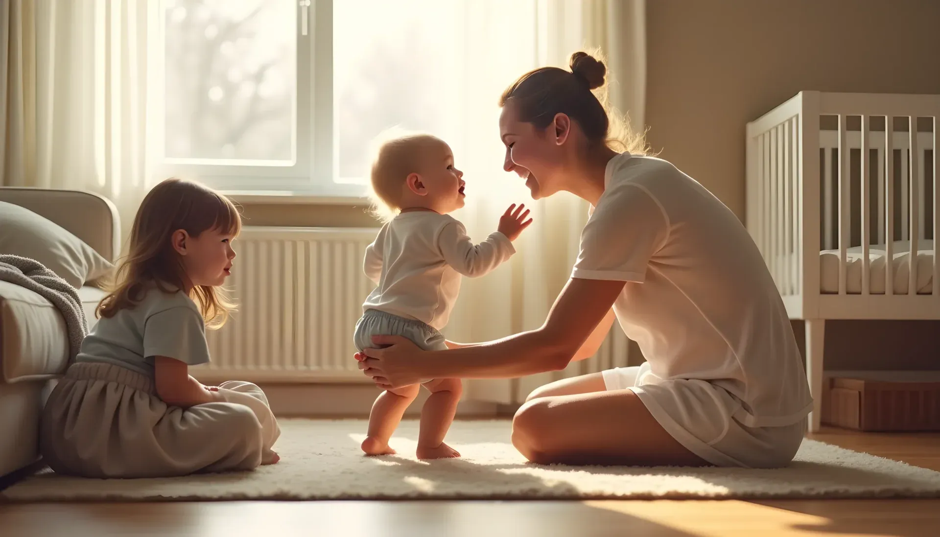 Parent comforting a crying toddler during a tantrum with toys and books nearby