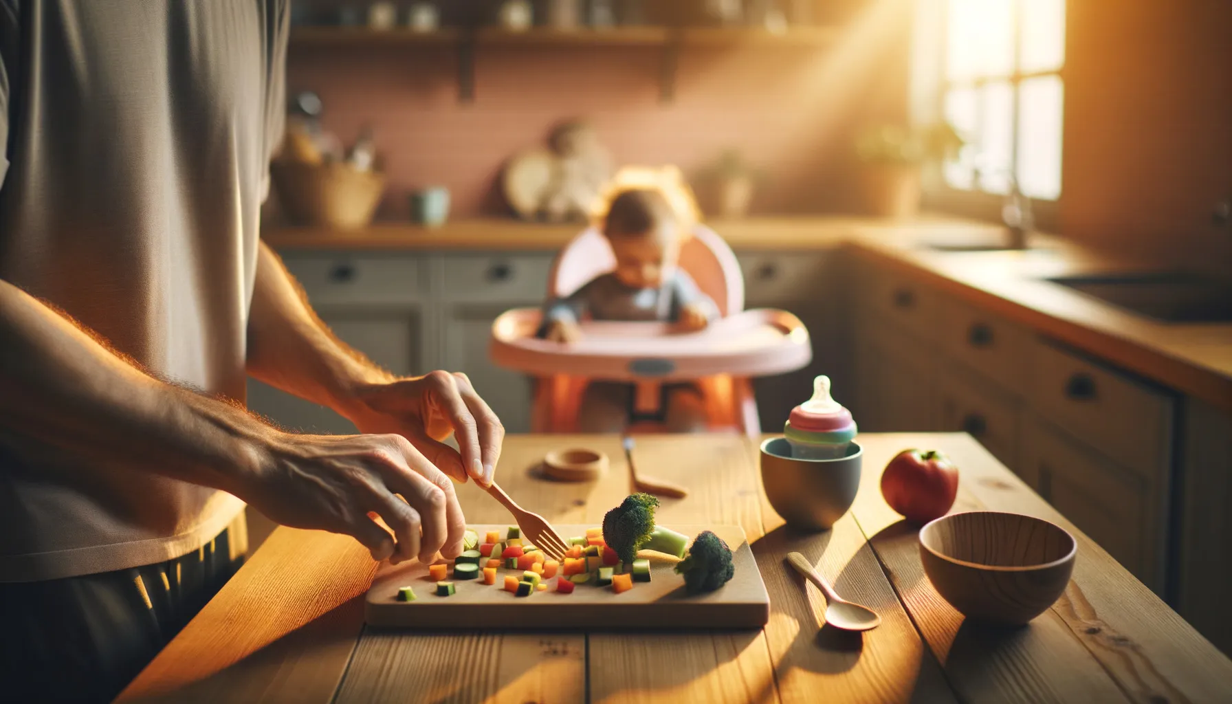 kitchen table with toddler feeding items and adult hand, highchair in background, toddler not eating theme