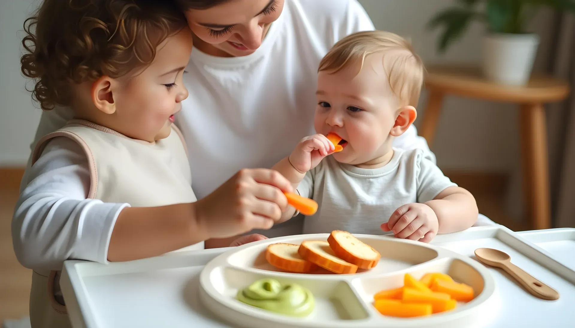 Parent helping baby transition from purees to table food with soft finger foods