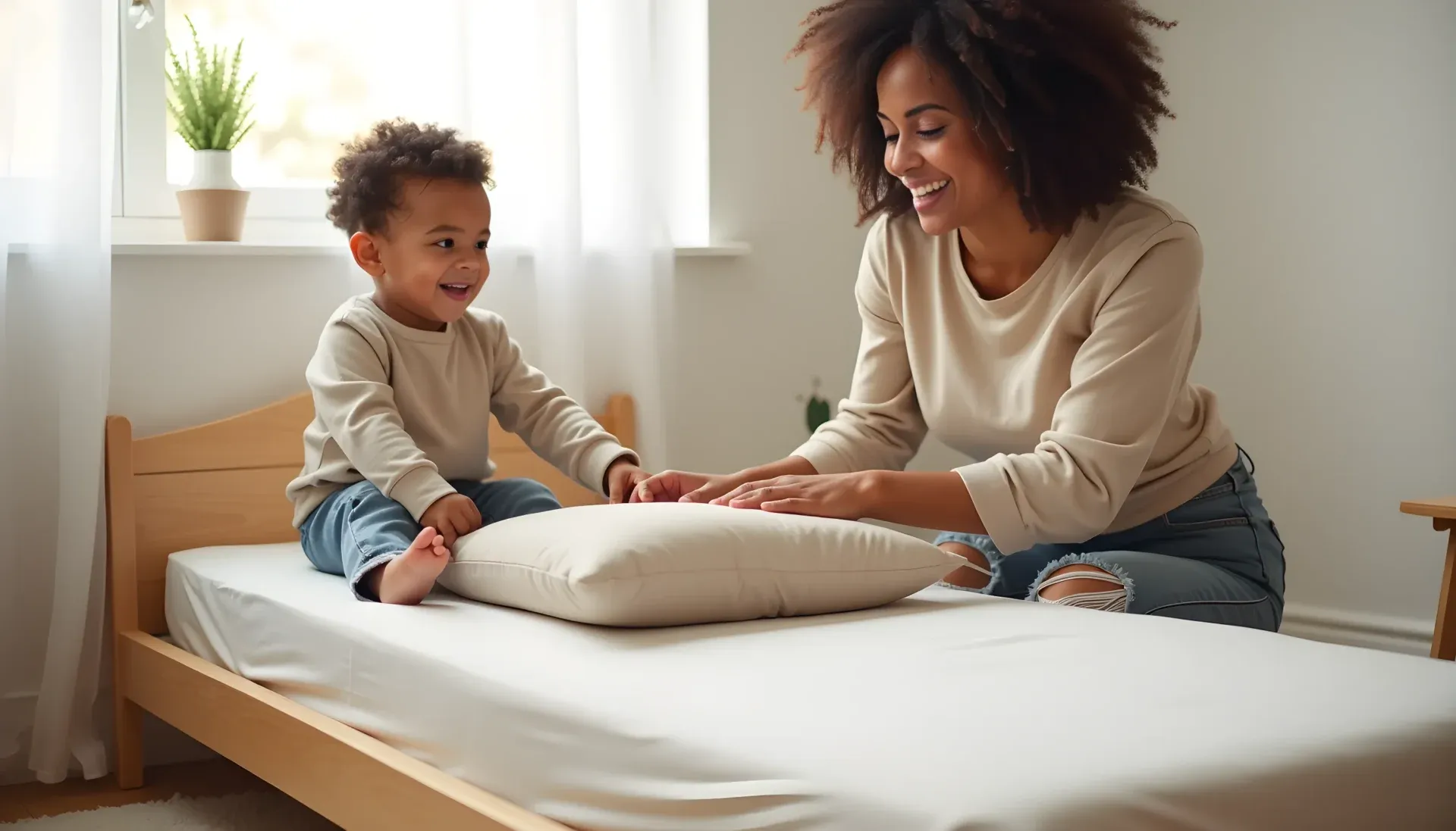 Parent introducing a small, firm pillow to a toddler bed with a smiling 2-year-old watching.